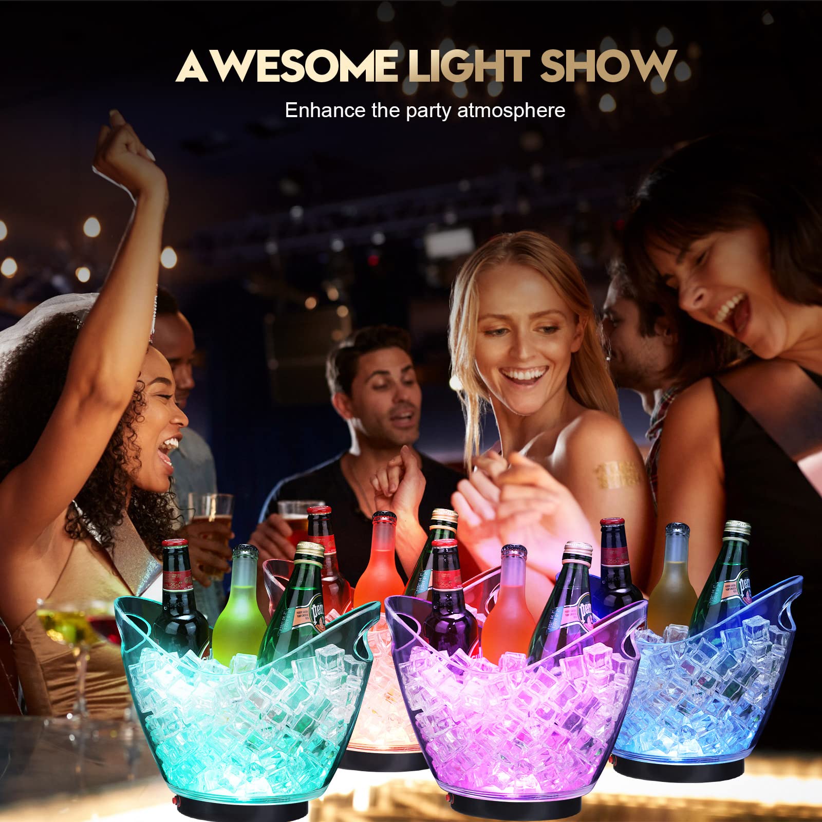 6 Pcs LED Ice Bucket Bulk with Scoop and Tongs 4L LED Light Ice Bucket 7 Color Changing Ice Bucket Clear Acrylic Champagne Beer Wine Beverage Cooler Bucket for Party Bar Club KTV Restaurant Home