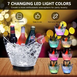 6 Pcs LED Ice Bucket Bulk with Scoop and Tongs 4L LED Light Ice Bucket 7 Color Changing Ice Bucket Clear Acrylic Champagne Beer Wine Beverage Cooler Bucket for Party Bar Club KTV Restaurant Home
