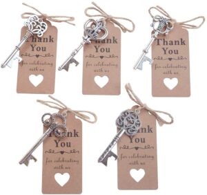 50 pcs silver skeleton key beer bottle opener with 100 pcs thank you card and 98 feet hemp rope for wedding party favors (50pcs silver)