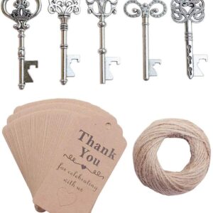 50 Pcs Silver Skeleton Key Beer Bottle Opener With 100 Pcs Thank You Card and 98 Feet Hemp Rope for Wedding Party Favors (50pcs Silver)