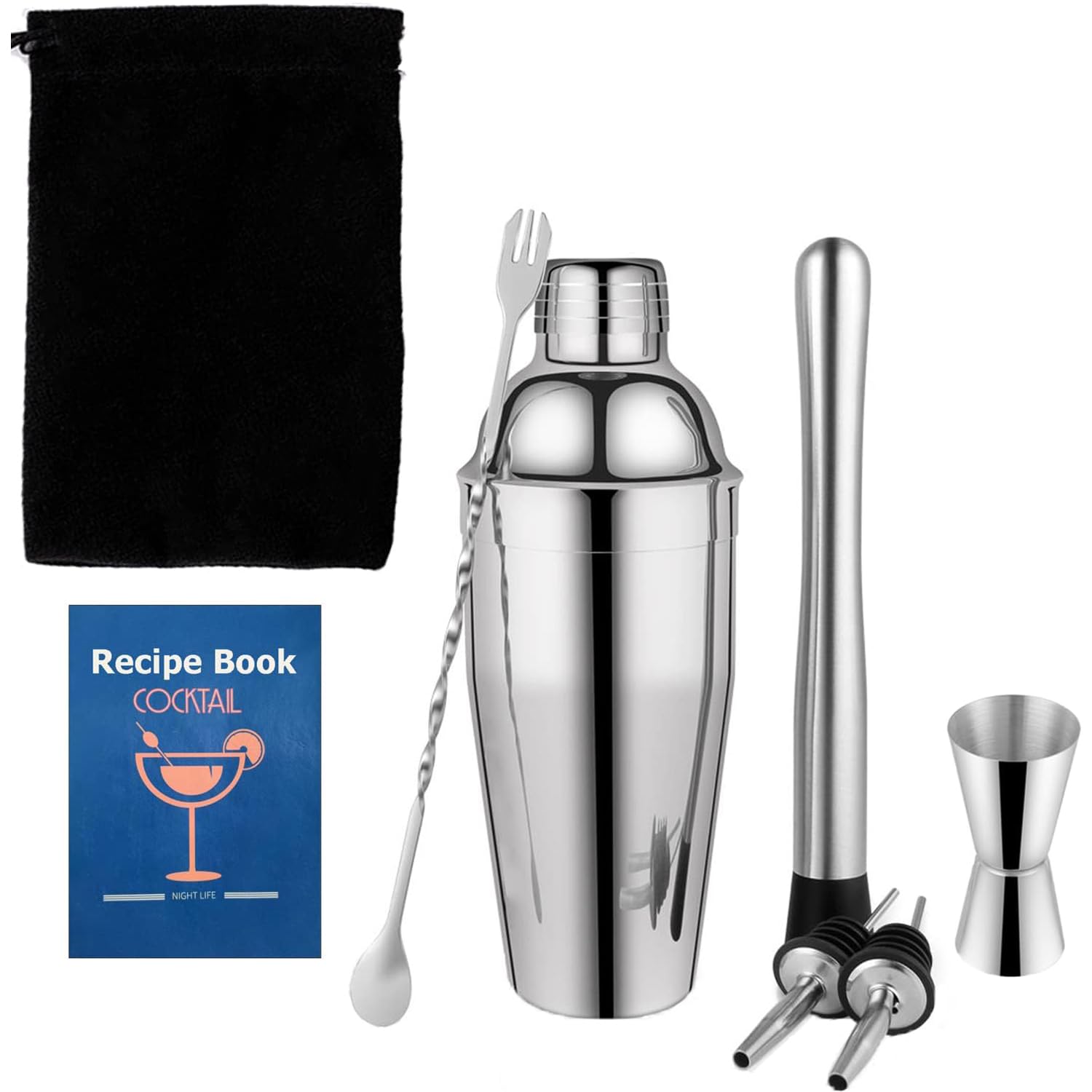 25oz Cocktail Shaker Bar Set Stainless Steel Martini Shaker Mixology Bartender Kit Drink Mixer Set Premium Bar Tool Measuring Jigger Mixing Spoon Muddler Wine Pourer - 8 Pieces