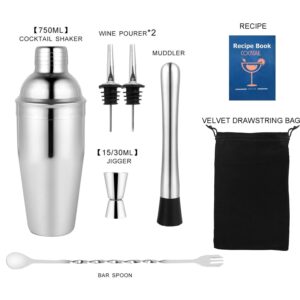 25oz Cocktail Shaker Bar Set Stainless Steel Martini Shaker Mixology Bartender Kit Drink Mixer Set Premium Bar Tool Measuring Jigger Mixing Spoon Muddler Wine Pourer - 8 Pieces