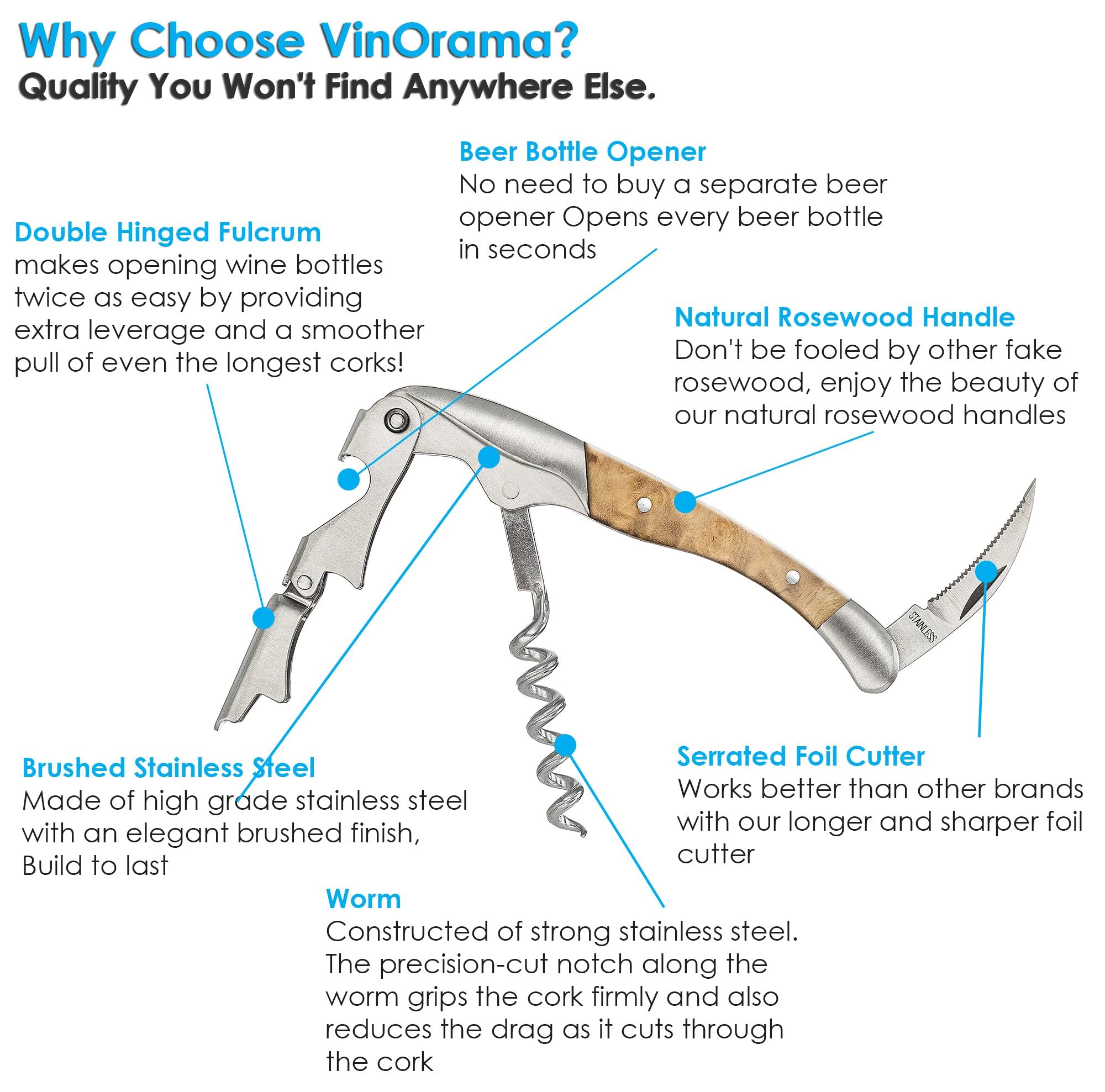 VinOrama Waiters Corkscrew Wine Opener Rosewood Handle 3-in-1 Beer Bottle Opener and Foil Cutter, The Best Choice of Professional Waiters and Bartenders Around the Globe