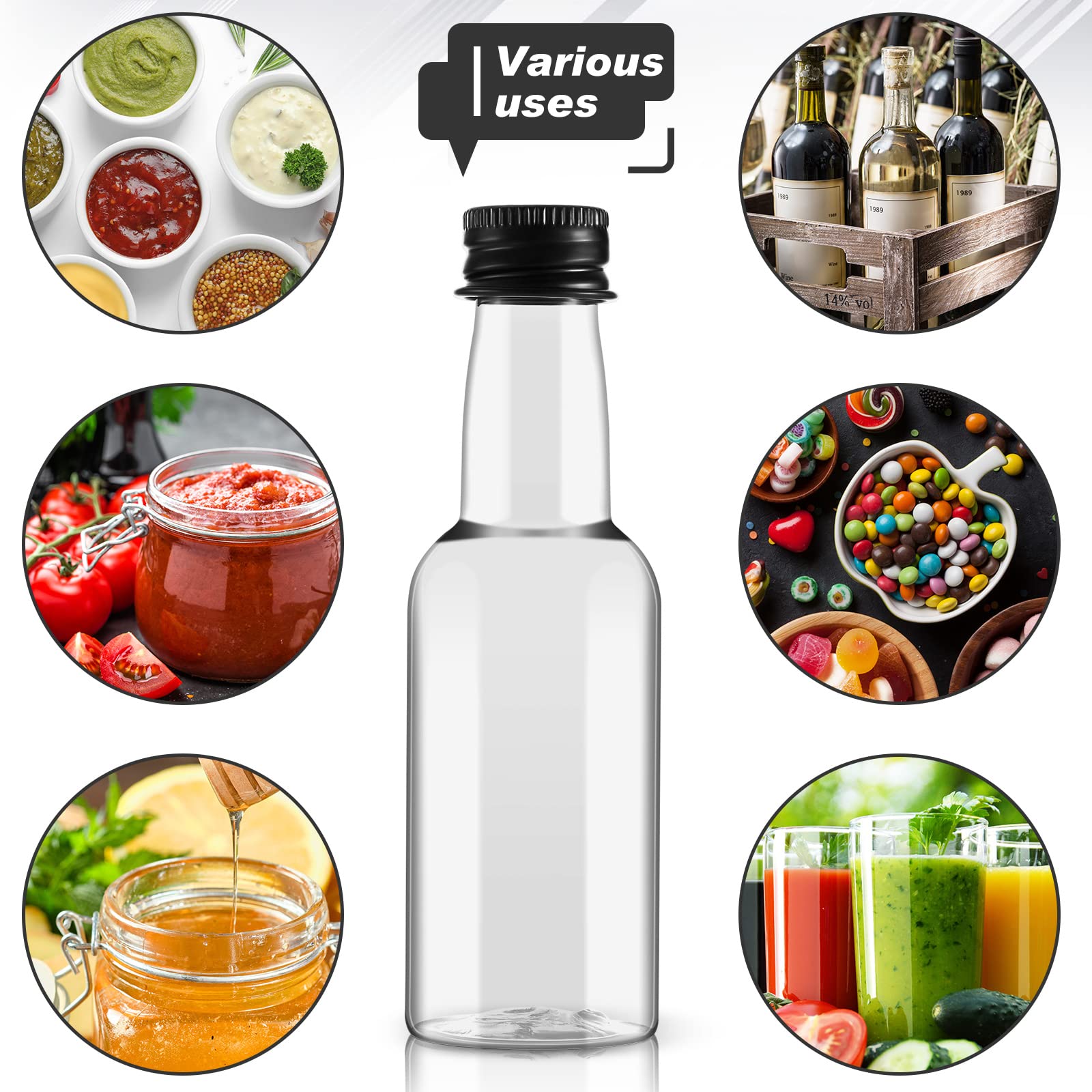 30 Pcs Mini Liquor Bottles Plastic Empty Spirit Bottle with Black Screw Cap Mini Wine Bottles Hot Sauce Bottles Shot Bottles with Caps Liquid Funnel Easy Pouring Party, 1.7 oz