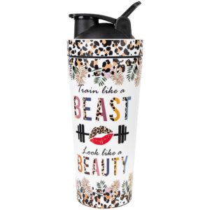 wovo 26oz shaker bottle, double-walled insulated stainless steel water bottle and protein shaker, workout shaker cups with wire whisk, reusable gym water bottle, train like a beast look like a beauty