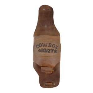 hide & drink, beer holster for cowboy, handsfree beverage holder, western bottle leg grip for men and women, full grain leather, handmade drinking accessories, bourbon brown