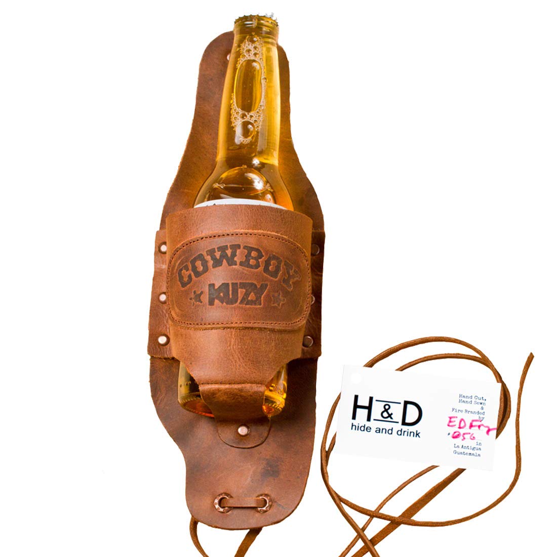 Hide & Drink, Beer Holster for Cowboy, Handsfree Beverage Holder, Western Bottle Leg Grip for Men and Women, Full Grain Leather, Handmade Drinking Accessories, Bourbon Brown
