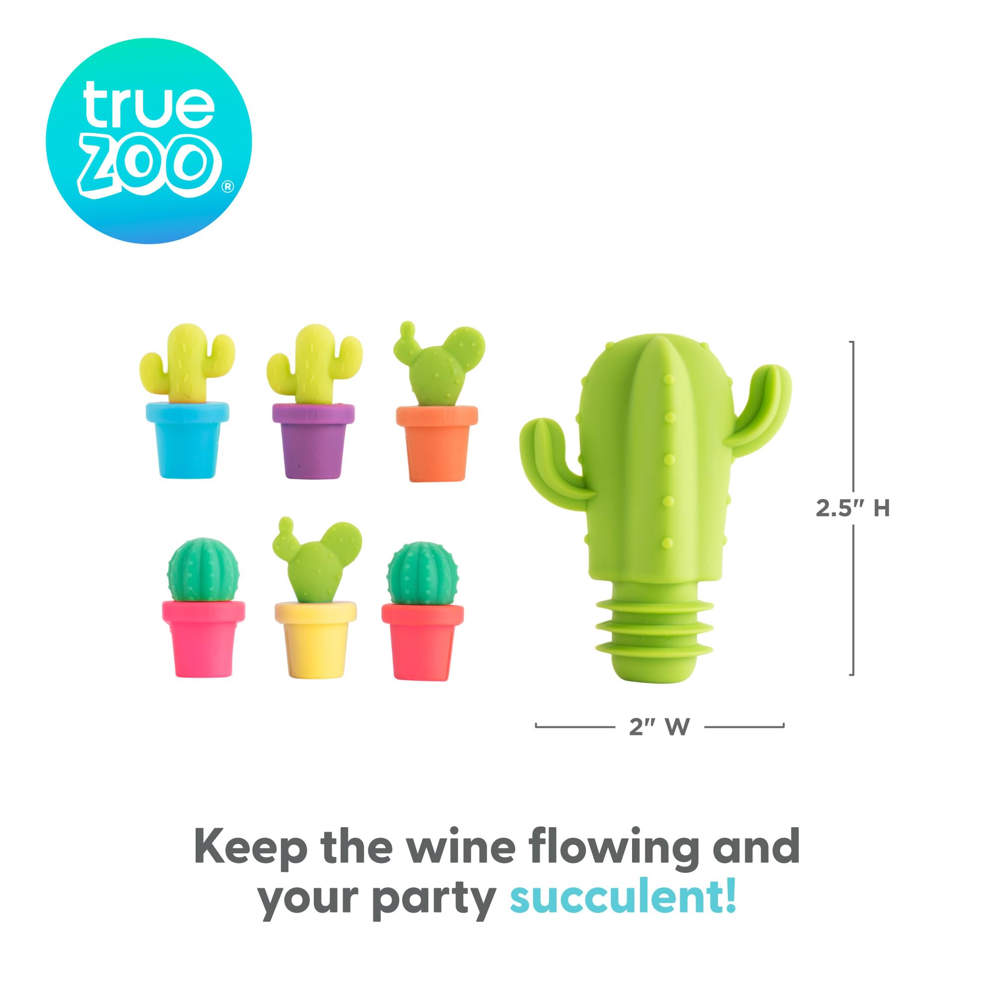 TrueZoo Cactus Wine Glass Charms and Drink Markers with Bottle Stopper - Wine Accessories - Multi Color Set of 7