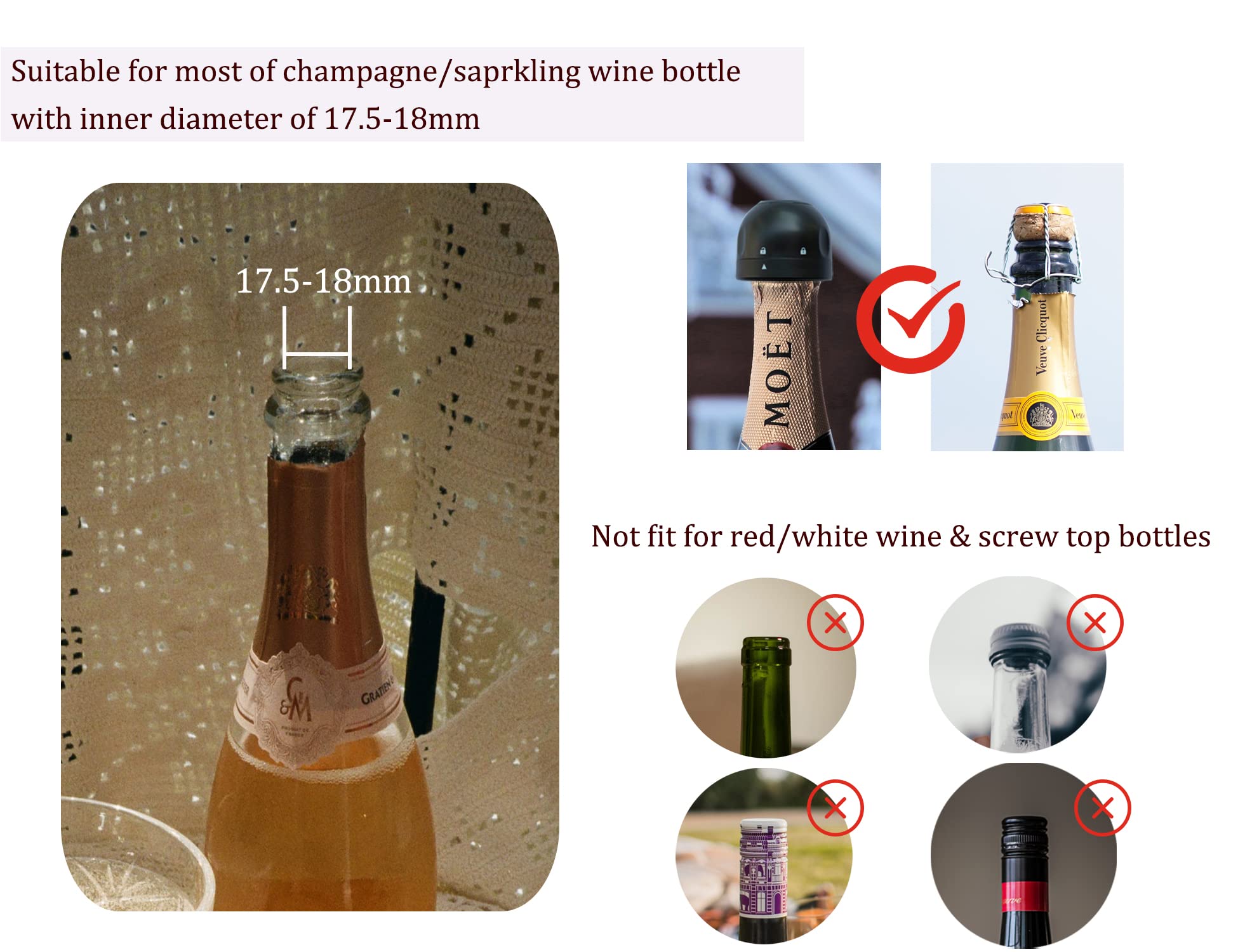 YOOHOTOUCH Champagne Stopper,2Pack Mini Champagne Saver Stoppers, Reusable Vacuum Leakproof Champagne Sealer,Perfect for Champagne, Cava, Prosecco & Sparkling Wine Bottle