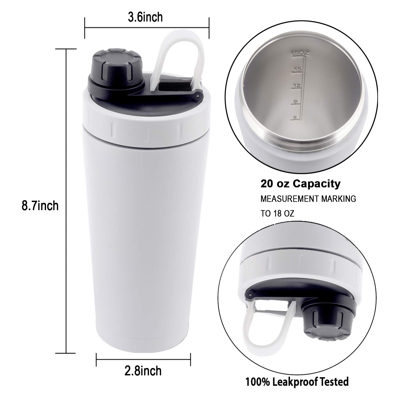 Stainless Steel Protein Shaker Bottle Insulated Keeps Hot/Cold Dishwasher Safe/Double Wall/Odor Resistant/Sweatproof/Leakproof/Durable 20 oz (White)…