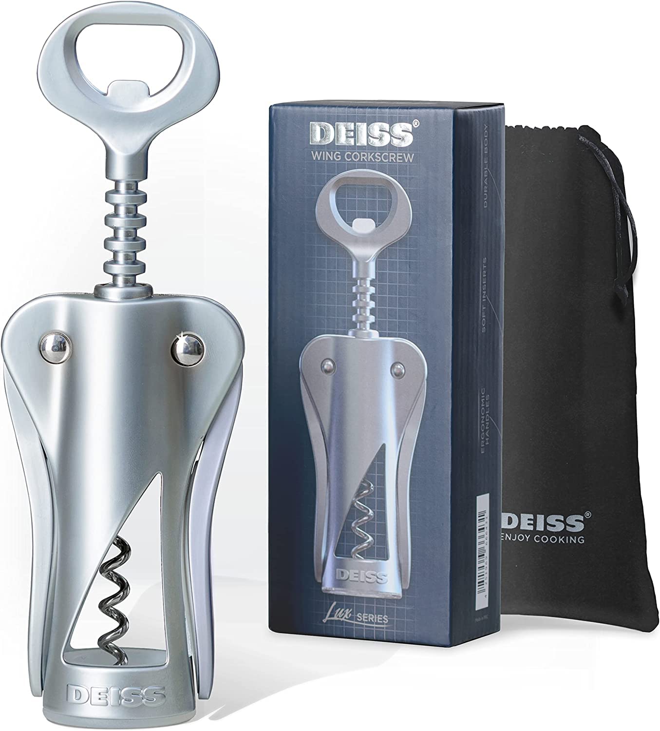 Deiss LUX Wine Opener, All-Metal Wing Corkscrew Wine Bottle Opener with Built-in Beer Bottle Opener - Ergonomic Cork Screw Wine Corker, Silver Matte Coating, Velvet Storage Pouch (SILVER)