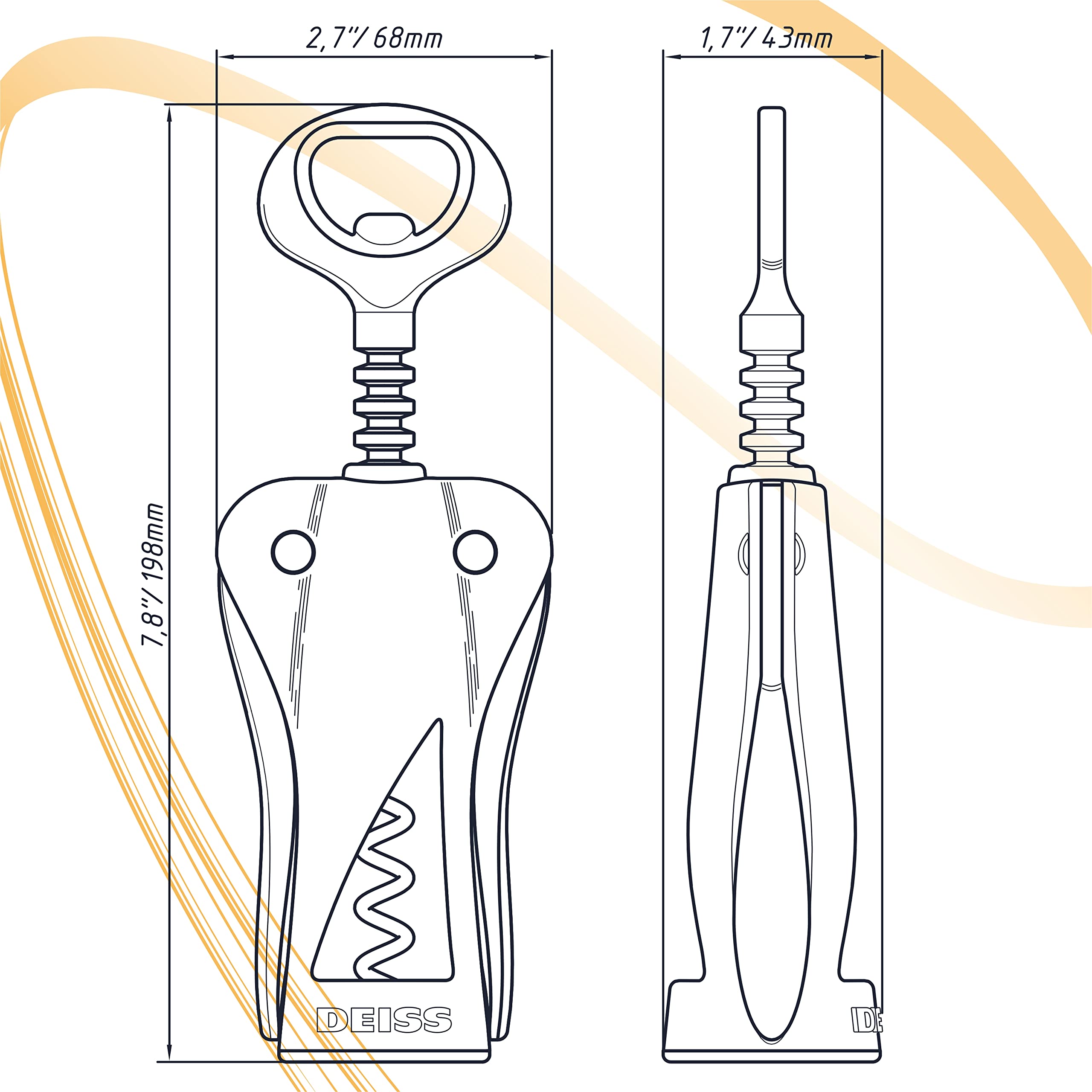 Deiss LUX Wine Opener, All-Metal Wing Corkscrew Wine Bottle Opener with Built-in Beer Bottle Opener - Ergonomic Cork Screw Wine Corker, Silver Matte Coating, Velvet Storage Pouch (SILVER)