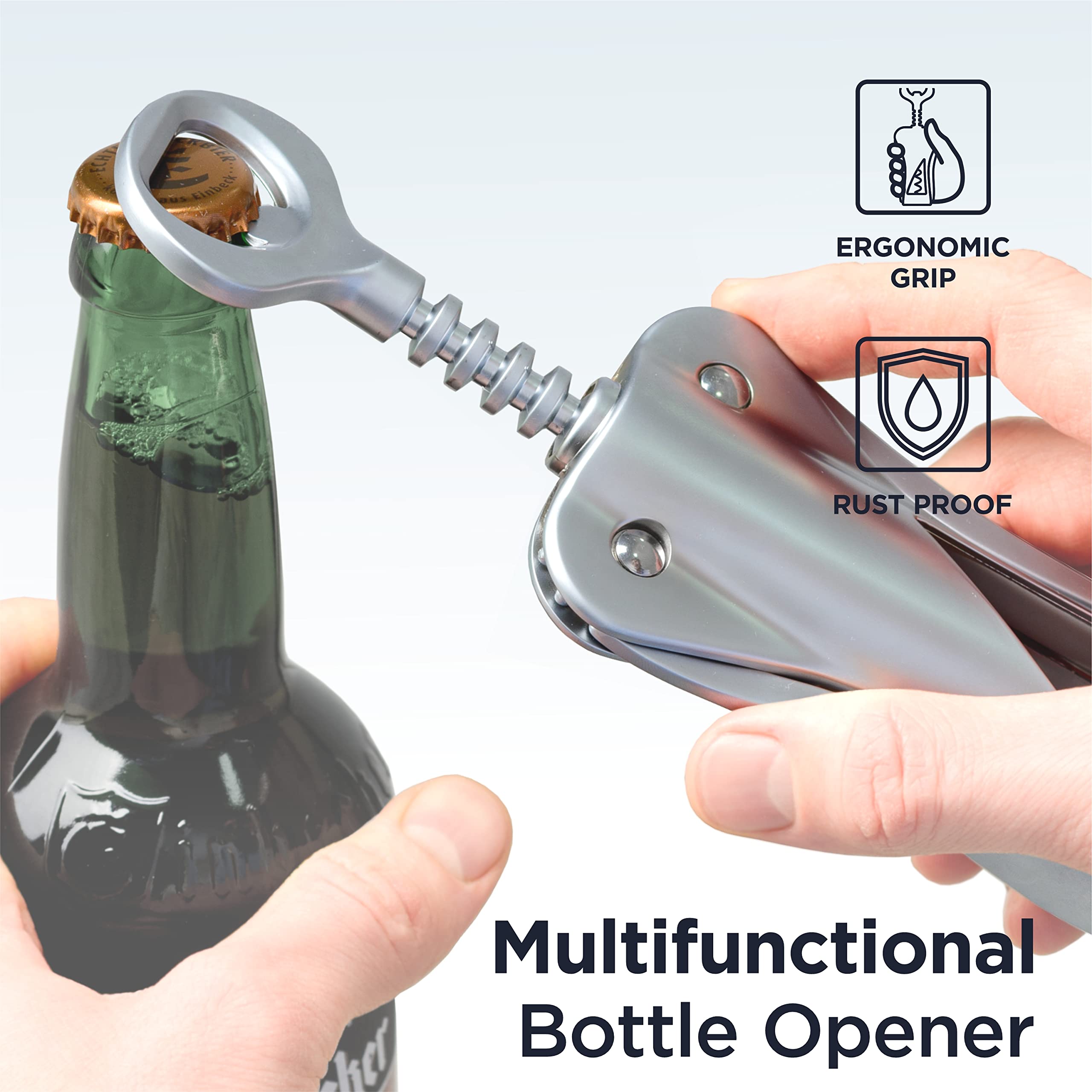 Deiss LUX Wine Opener, All-Metal Wing Corkscrew Wine Bottle Opener with Built-in Beer Bottle Opener - Ergonomic Cork Screw Wine Corker, Silver Matte Coating, Velvet Storage Pouch (SILVER)