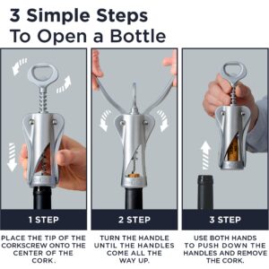 Deiss LUX Wine Opener, All-Metal Wing Corkscrew Wine Bottle Opener with Built-in Beer Bottle Opener - Ergonomic Cork Screw Wine Corker, Silver Matte Coating, Velvet Storage Pouch (SILVER)