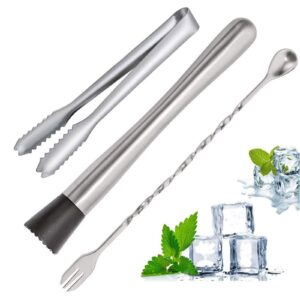 3 pieces stainless steel muddler for cocktails,mixing spoon and ice tongs,professional bar tools bartender set for cocktails mojitos ice fruit drinks