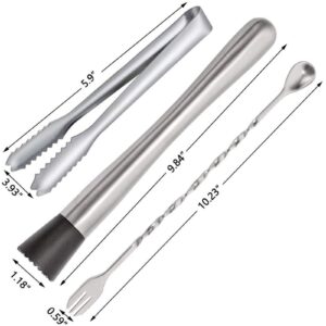 3 Pieces Stainless Steel Muddler for Cocktails,Mixing Spoon and Ice Tongs,Professional Bar Tools Bartender Set for Cocktails Mojitos Ice Fruit Drinks