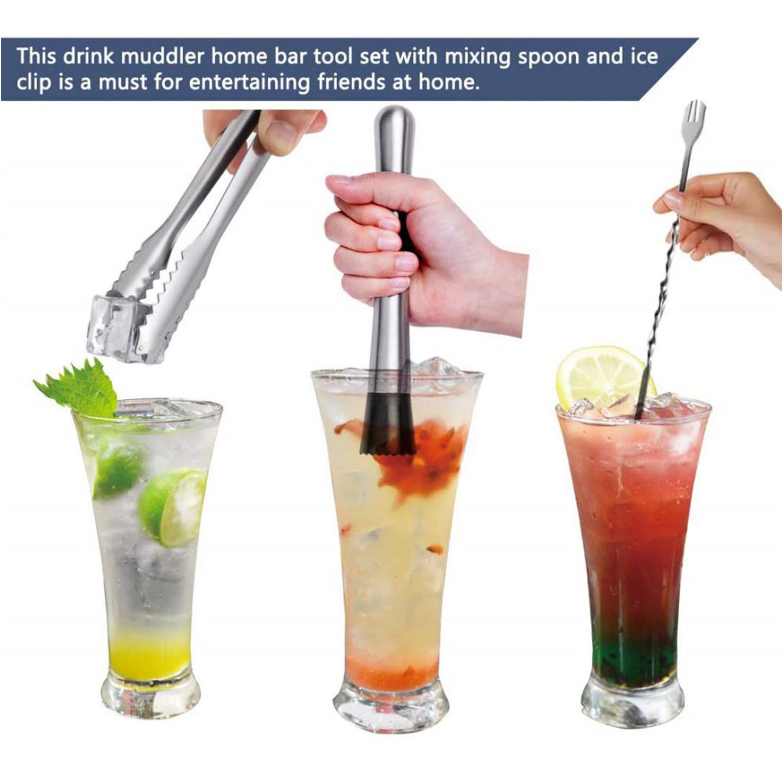 3 Pieces Stainless Steel Muddler for Cocktails,Mixing Spoon and Ice Tongs,Professional Bar Tools Bartender Set for Cocktails Mojitos Ice Fruit Drinks