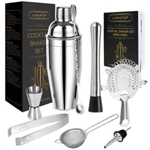 livehitop cocktail shaker set, stainless steel bartending kit with 25 oz martini shaker, jigger, strainer, mixing spoon, muddler, recipe, professional bar tools gifts for him her