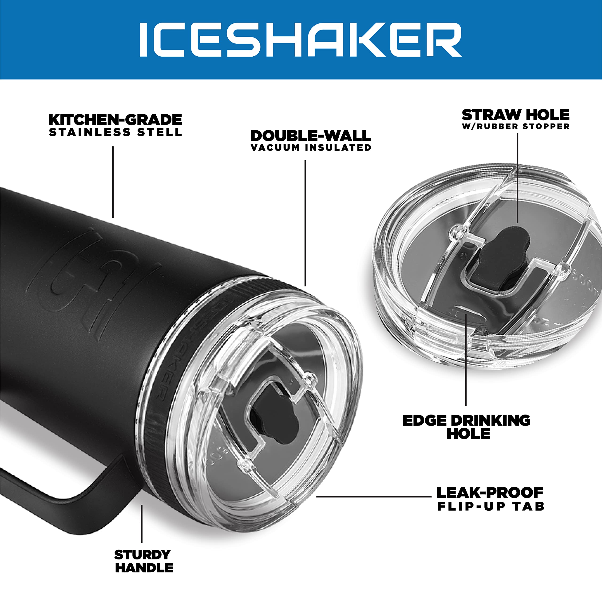 Ice Shaker 26 Oz Tumbler, Insulated Water Bottle with Handle, Stainless Steel Water Bottle, As Seen on Shark Tank, Water Bottle with Straw and Handle, Black