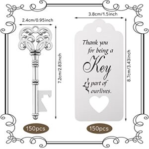 150 Pcs Wedding Favors Bottle Opener Wedding Gifts Vintage Skeleton Key Bottle Opener Souvenir Gift Party Favors with Escort Tag Cards and Key Chains for Party Bridal Shower (Silver)