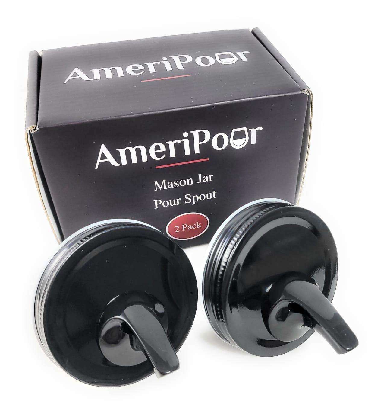 AmeriPour Black - Mason Jar Pour Spout - Regular Mouth - For Moonshine And Whiskey - Made 100% In The USA. Free Flow Mason Jar Spouts That Don't Leak. No Cracks, Just A Perfect Pour Everytime. 2 Pack