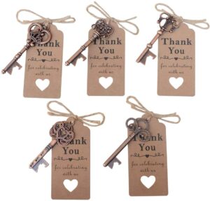 50 pcs copper skeleton key beer bottle opener with 100 pcs thank you card and 98 feet hemp rope for wedding party favors(50pcs copper)