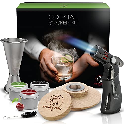 Smoky Dog Cocktail Smoker Kit with Torch for Whiskey and Old Fashioned Drinks, Mixology Bartender Kit Includes 3 Wood Chips, Jigger and a Premium Torch, Bourbon Gift for Men, Dad, Husband (No Butane)