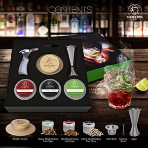 Smoky Dog Cocktail Smoker Kit with Torch for Whiskey and Old Fashioned Drinks, Mixology Bartender Kit Includes 3 Wood Chips, Jigger and a Premium Torch, Bourbon Gift for Men, Dad, Husband (No Butane)