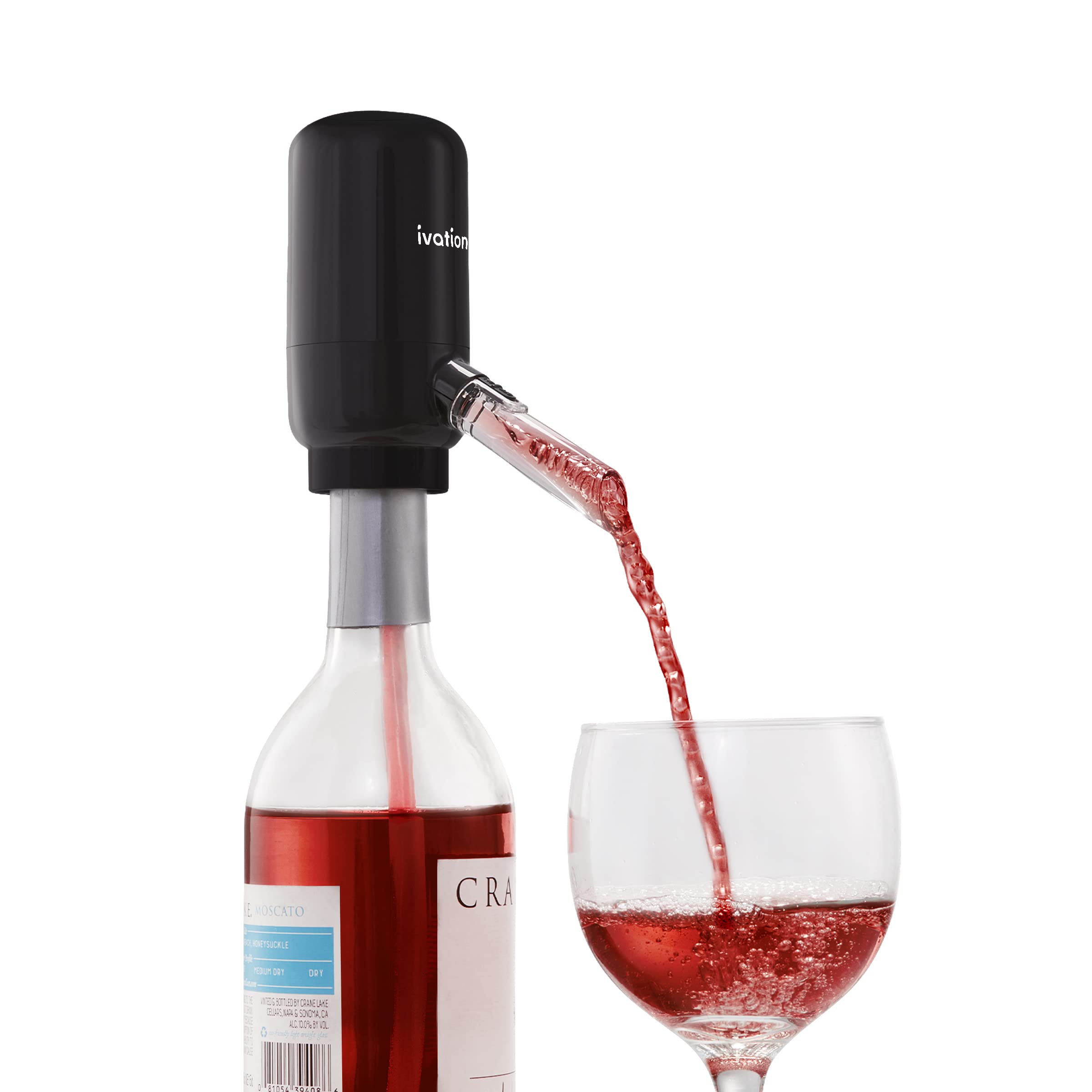 Ivation Wine Aerator & Dispenser with Flexible Tube | Electric Battery-Operated Universal Wine Bottle Spout with Automatic Button Dispenser, Aeration Control, Integrated LED Light & Removable Rod