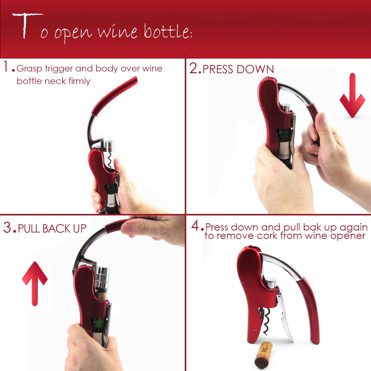 KAYCROWN Wine Bottle Opener, Vertical Lever Corkscrew with Built in Foil Cutter Design, Manual Handheld Corkscrew with Ergonomic Lever Pump