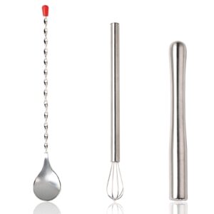 muddler for cocktails 3 piece, 9" stainless steel cocktail muddler 11" mixing spoon and 10" bar whisk, home bar tools bartender set for cocktail, drink, mojito, old fashioned, margaritas, fruit juice