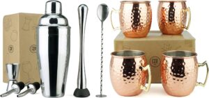 pg bundle #17-6pc cocktail stainless steel shaker set with set of 4 moscow mule hammered cups