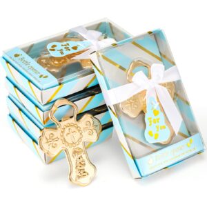 24 pcs baby shower bottle openers favors for guests praying catholic gender reveal decorations baptism gold keychain souvenir gifts for boys girls baby shower favors(boy blue)