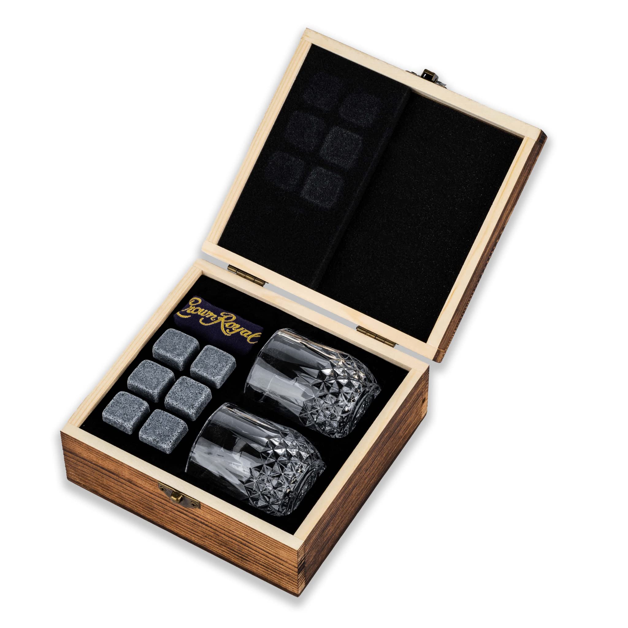 Whiskey Gifts Fathers Day for Men Crown Royal Bourbon Glass and Stone Set | Wooden Box Set of 2 2.7 oz Glasses with 6 Whiskey Rocks Chilling Stones | Velvet Crown Royal Pouch Included Compatible