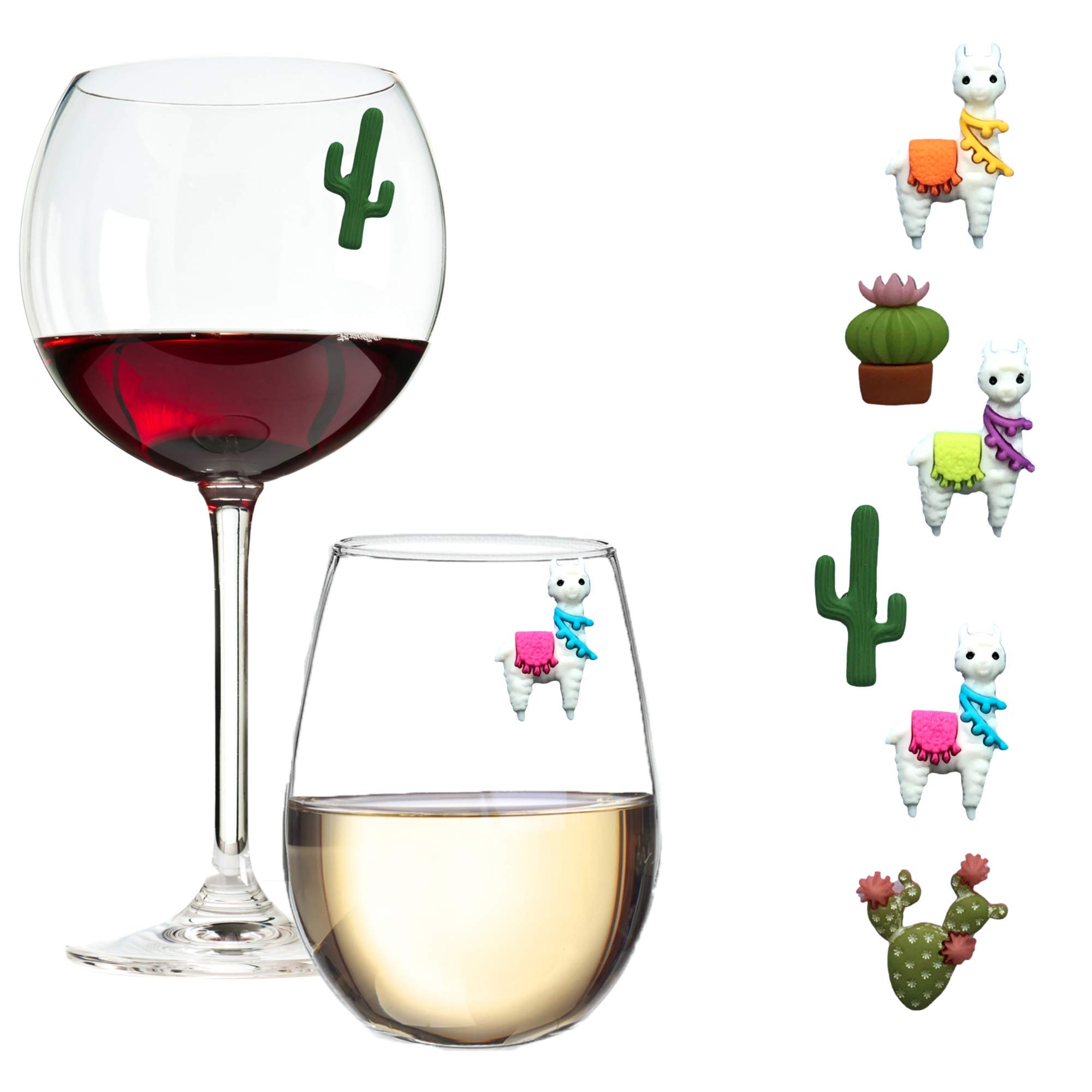 Simply Charmed Wine Glass Charms for Stemless Glasses - Magnetic Llama and Cactus Drink or Beverage Markers Set of 6