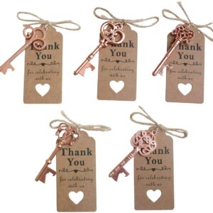 50pcs Rose Gold Skeleton Key Beer Bottle Opener With 100 Pcs Thank You Card and 98 Feet Hemp Rope for Wedding Party Favors