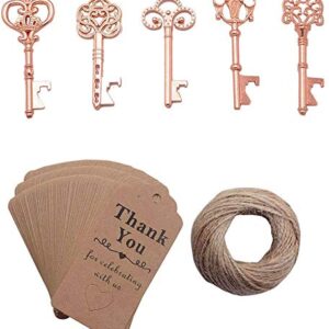 50pcs Rose Gold Skeleton Key Beer Bottle Opener With 100 Pcs Thank You Card and 98 Feet Hemp Rope for Wedding Party Favors