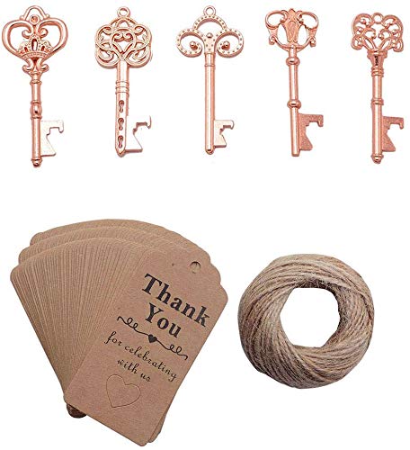 50pcs Rose Gold Skeleton Key Beer Bottle Opener With 100 Pcs Thank You Card and 98 Feet Hemp Rope for Wedding Party Favors