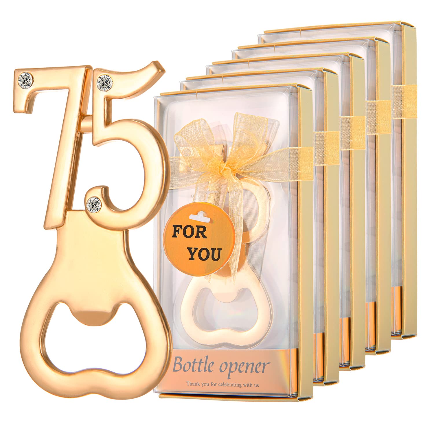 24Pcs Golden 75 Bottle Openers for 75th Birthday Party Favors Rhinestones Decorations for Wedding Anniversary Gifst Souvenrs or Keepsaks for Guests