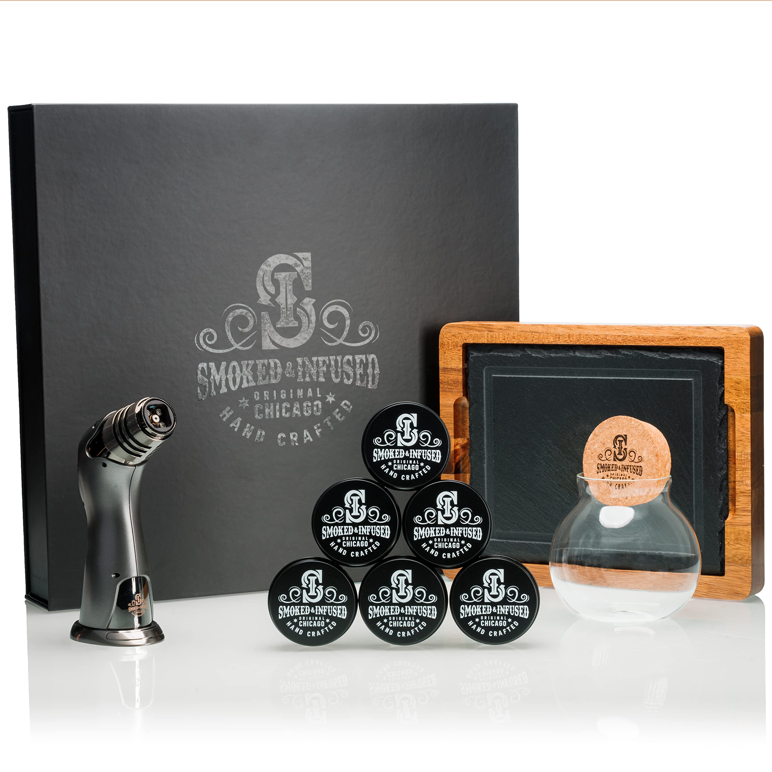 Smoked and Infused Cocktail Smoker Kit w/Torch - Six Flavors - Old Fashioned Gift Box for Men - Infuse Whiskey & Bourbon - Essential Home Bar Tools - Infuser for Bartender & Cocktails Lover (Graphite)