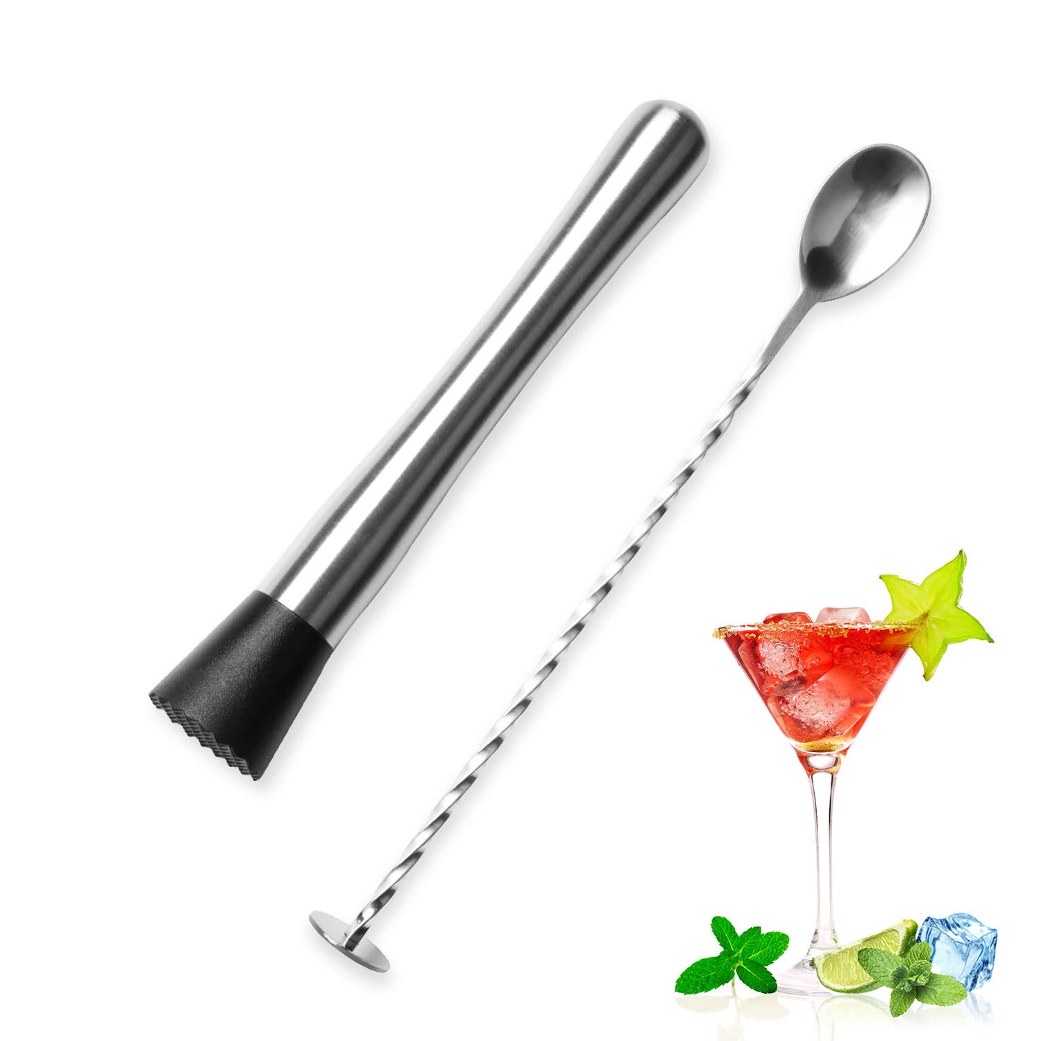 10 Inch Stainless Steel Cocktail Muddler and Mixing Spoon, Home Bar Tool Bartender Set for Cocktails Mojitos Ice Margaritas Mint & Fruit Drinks, Silver, 10x4x1.5 inch