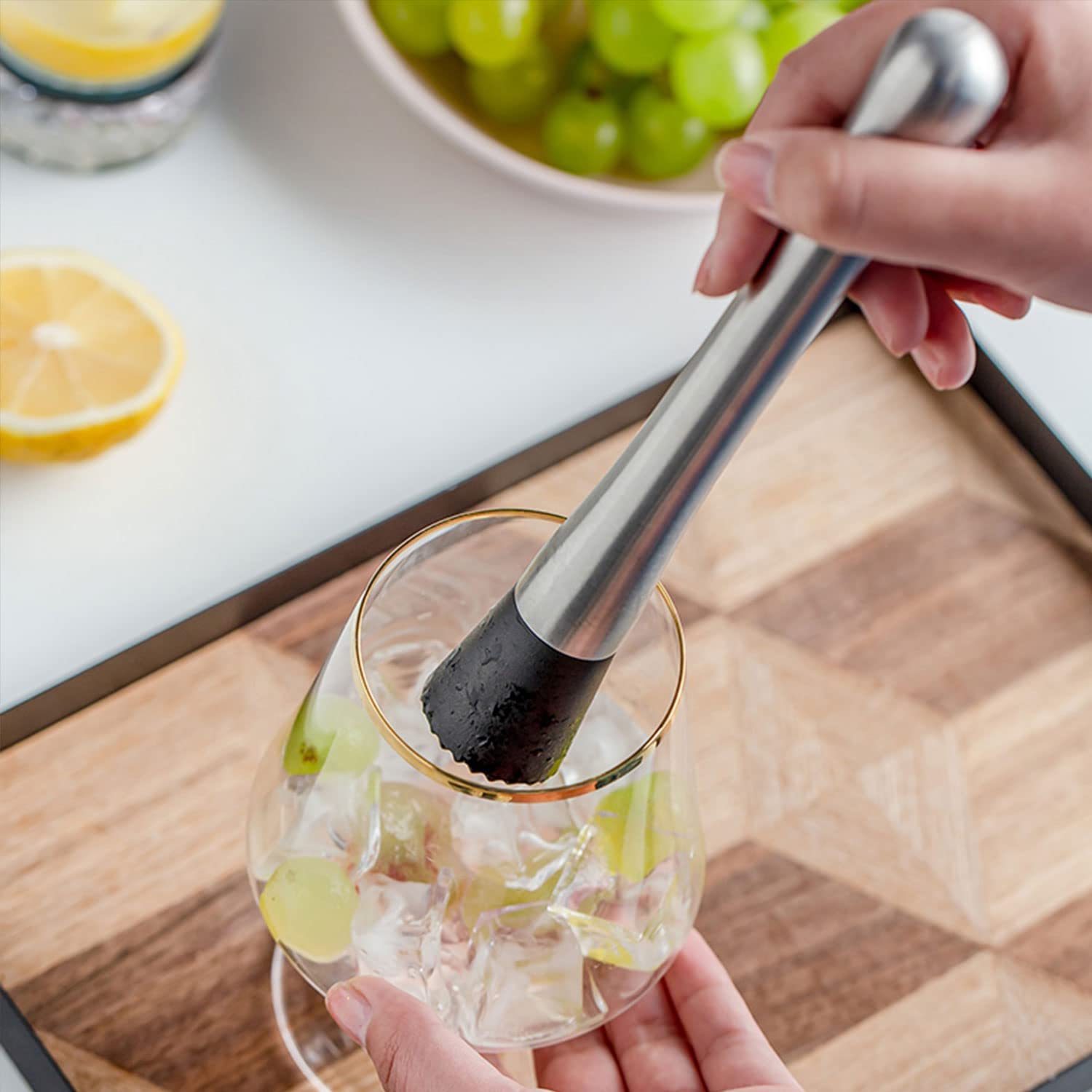 10 Inch Stainless Steel Cocktail Muddler and Mixing Spoon, Home Bar Tool Bartender Set for Cocktails Mojitos Ice Margaritas Mint & Fruit Drinks, Silver, 10x4x1.5 inch