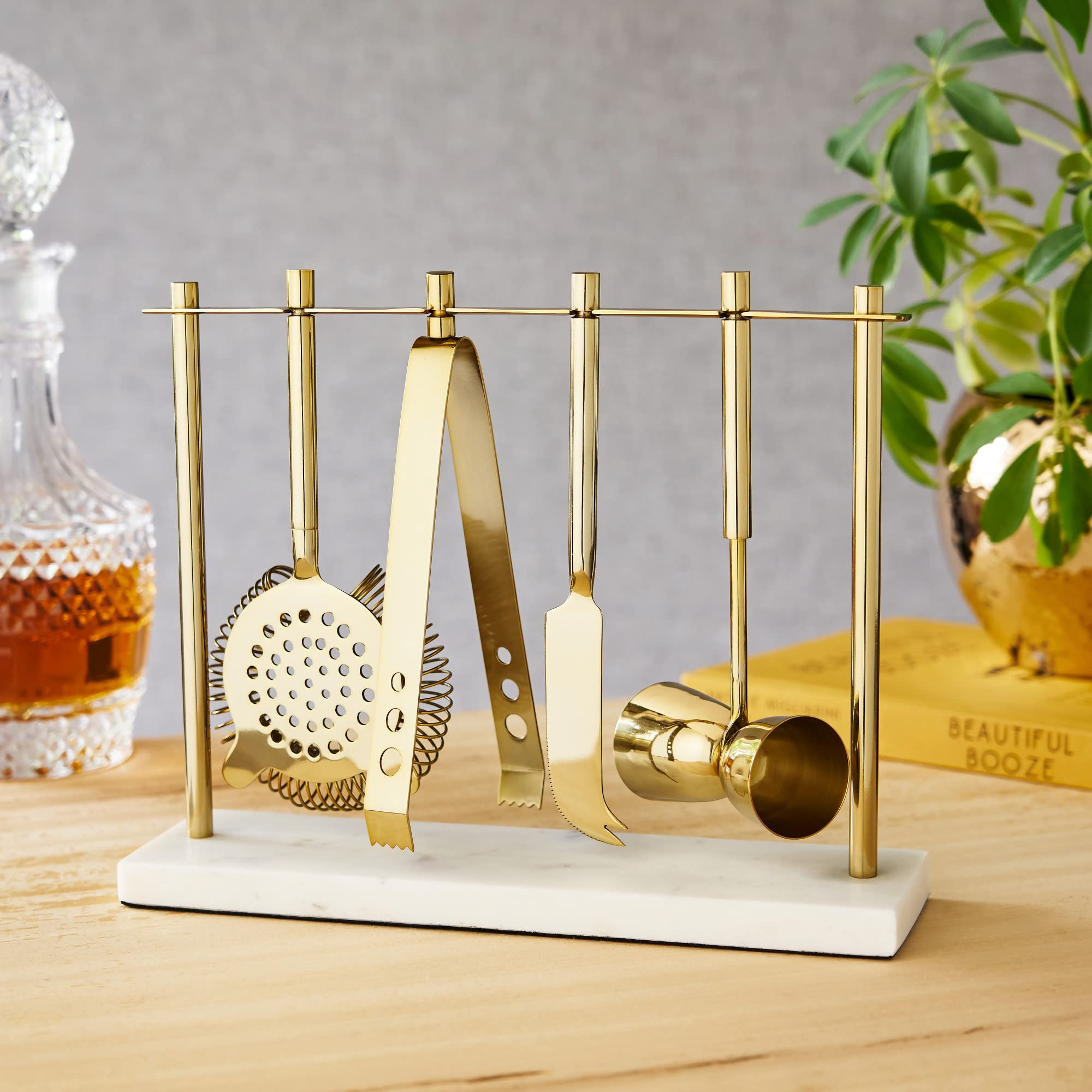 Twine Gold Barware Set, Hawthorne Strainer, Citrus Knife, Ice Tongs, Double Jigger, Marble Stand, Stainless Steel with Gold Finish, Set of 4