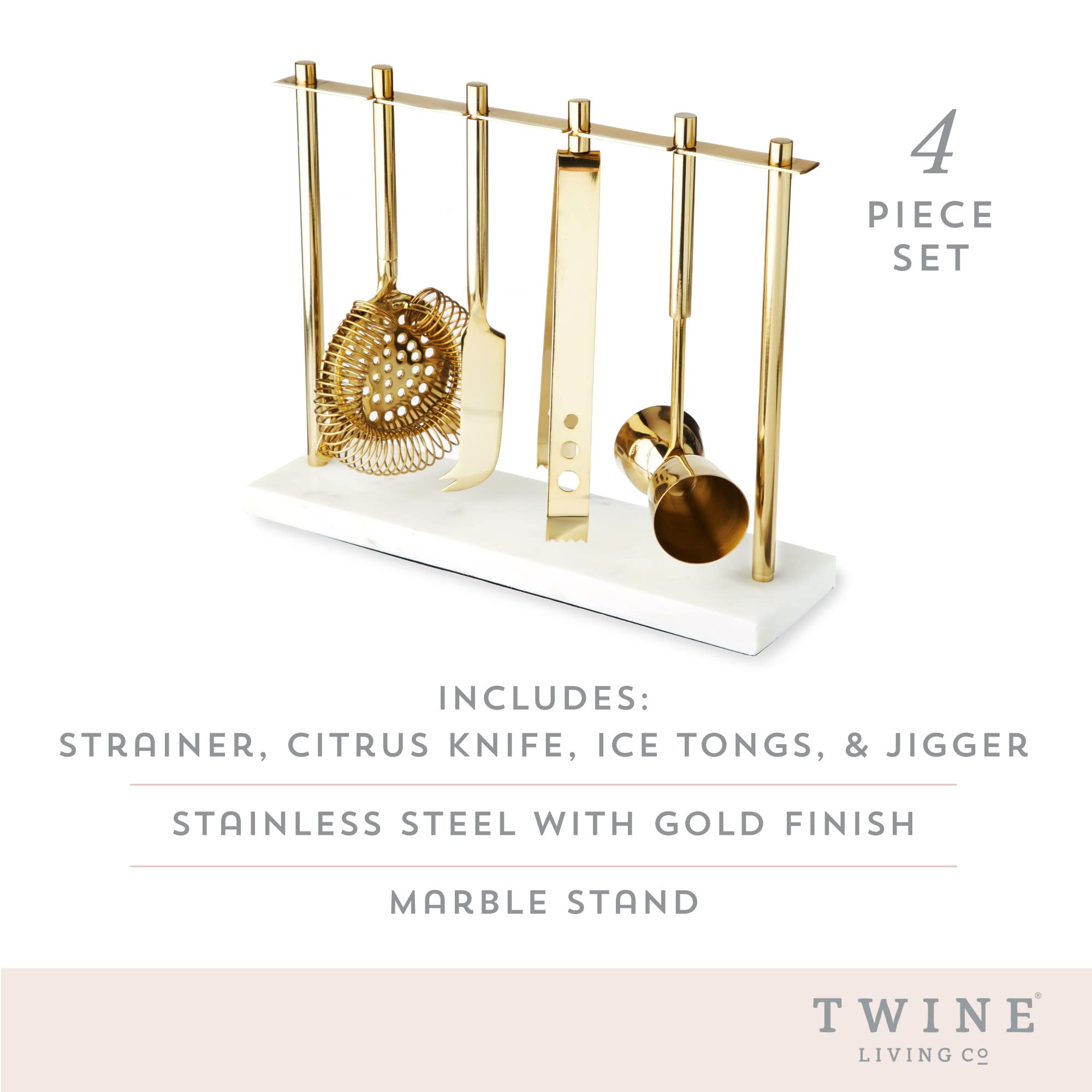 Twine Gold Barware Set, Hawthorne Strainer, Citrus Knife, Ice Tongs, Double Jigger, Marble Stand, Stainless Steel with Gold Finish, Set of 4