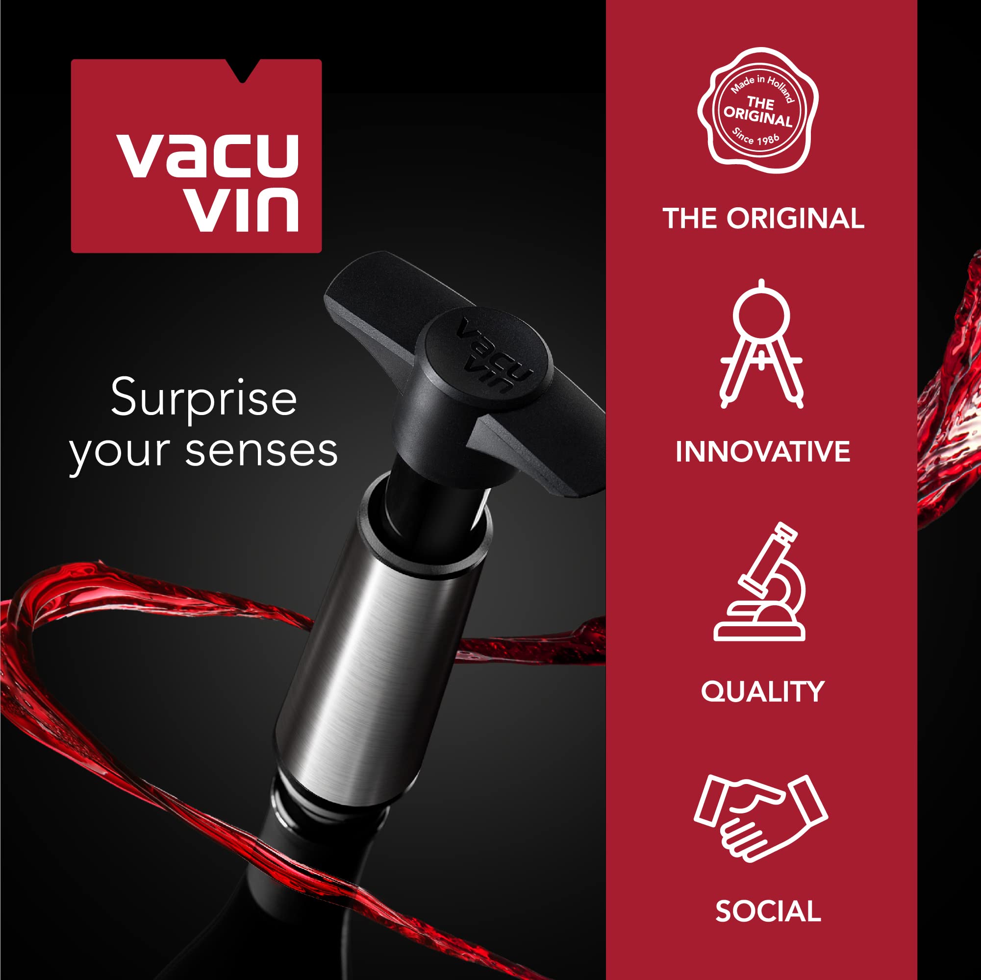 Vacu Vin Wine Saver Concerto - Black - 1 Pump 4 Stoppers - Wine Stoppers for Bottles with Vacuum Pump and Pourer - Reusable - Made in the Netherlands