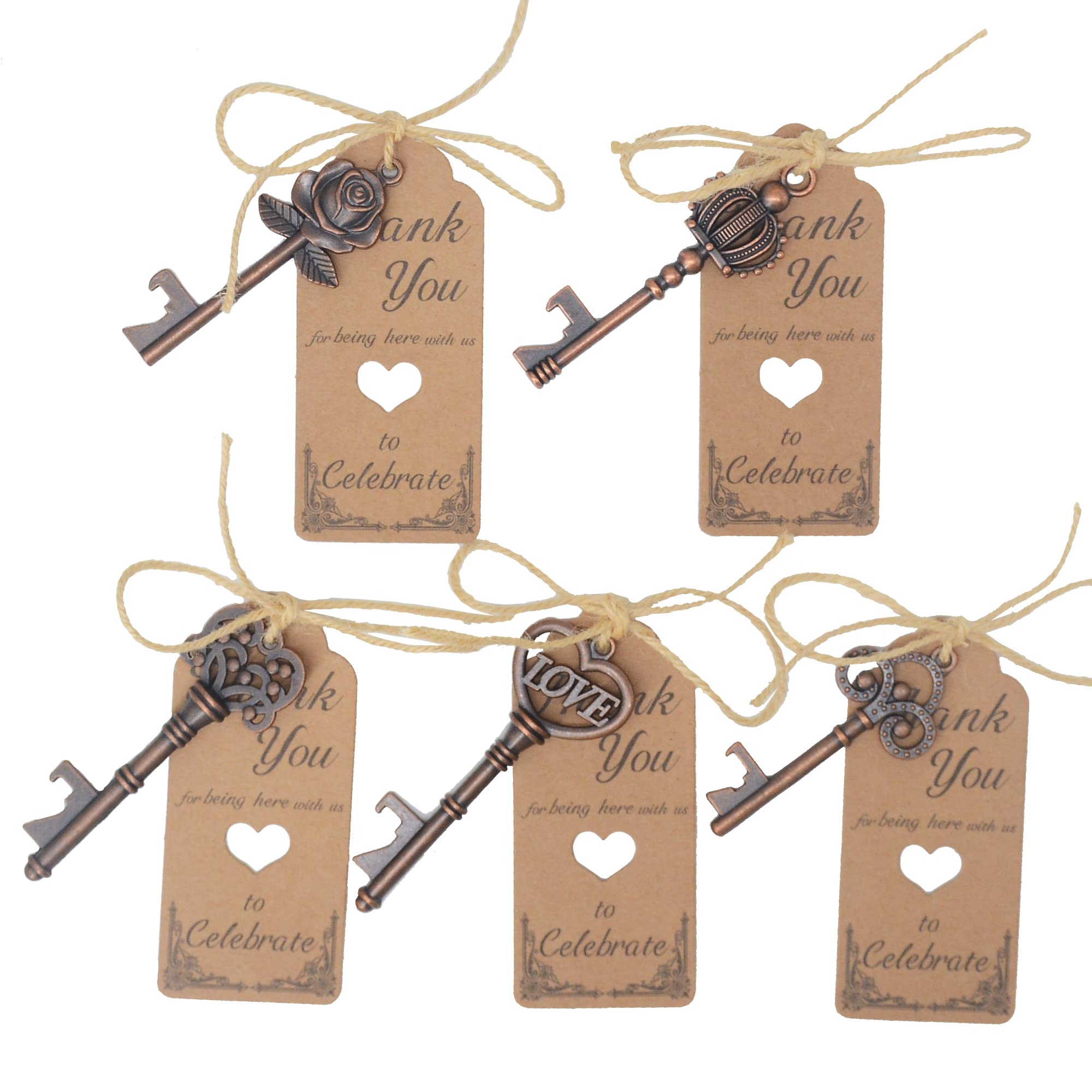 Aokbean 100pcs Wedding Party Gifts Favors for Guests Mixed Skeleton Key Bottle Opener with Thank You Cards and Hemp Rope for Birthday Housewarming Bridal Showers (Copper)