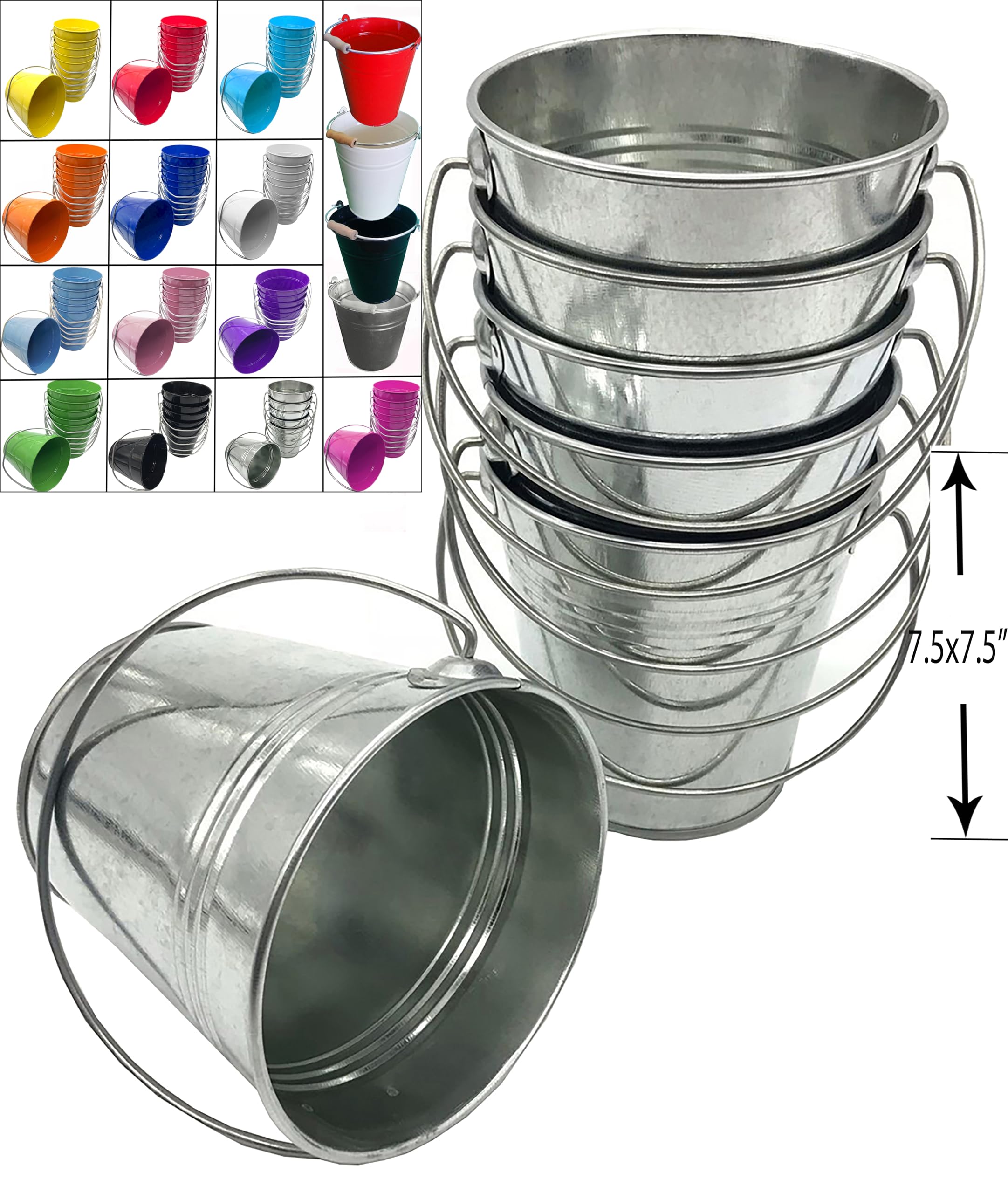 ITALIA 6 Pack,Size 7.5 x 7.5" H, Color Galvanized, Quality Metal Bucket,3.7 Quart 6-Pack