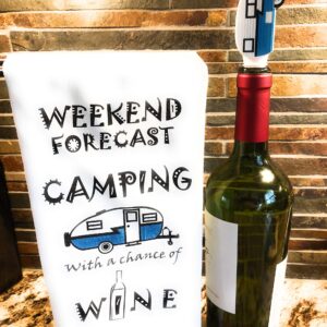 JTEC Camper Wine Stopper Bundle Set - Camper RV Wine Stopper Bottle Topper, Camping Kitchen Towel, and Professional Corkscrew Vintage Camper Décor - Wine Bottle Stopper Bundle Set