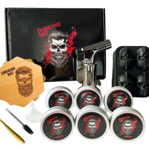 bourbon-old fashioned smoker with torch, 6 wood chips flavors, skull ice mold, e-book with 10 recipes, tea spoon and brush, in stylish box ready to gift. (cocktail smoker kit - no butane)
