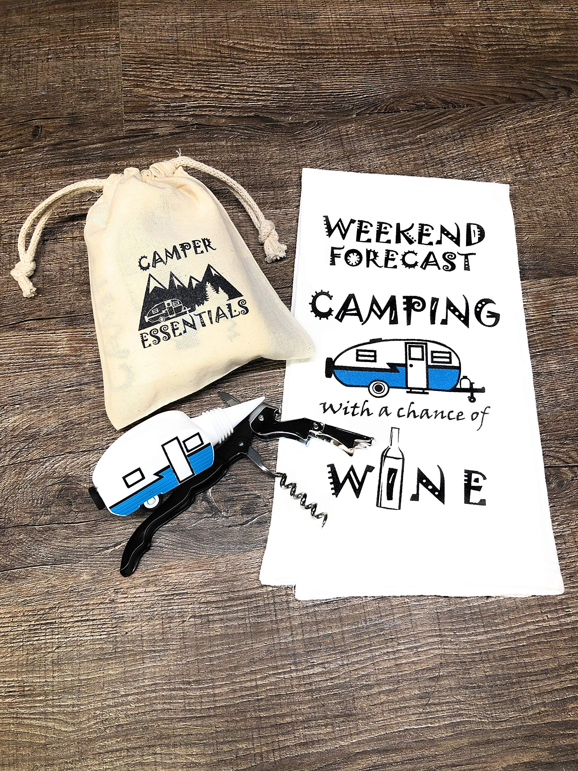 JTEC Camper Wine Stopper Bundle Set - Camper RV Wine Stopper Bottle Topper, Camping Kitchen Towel, and Professional Corkscrew Vintage Camper Décor - Wine Bottle Stopper Bundle Set